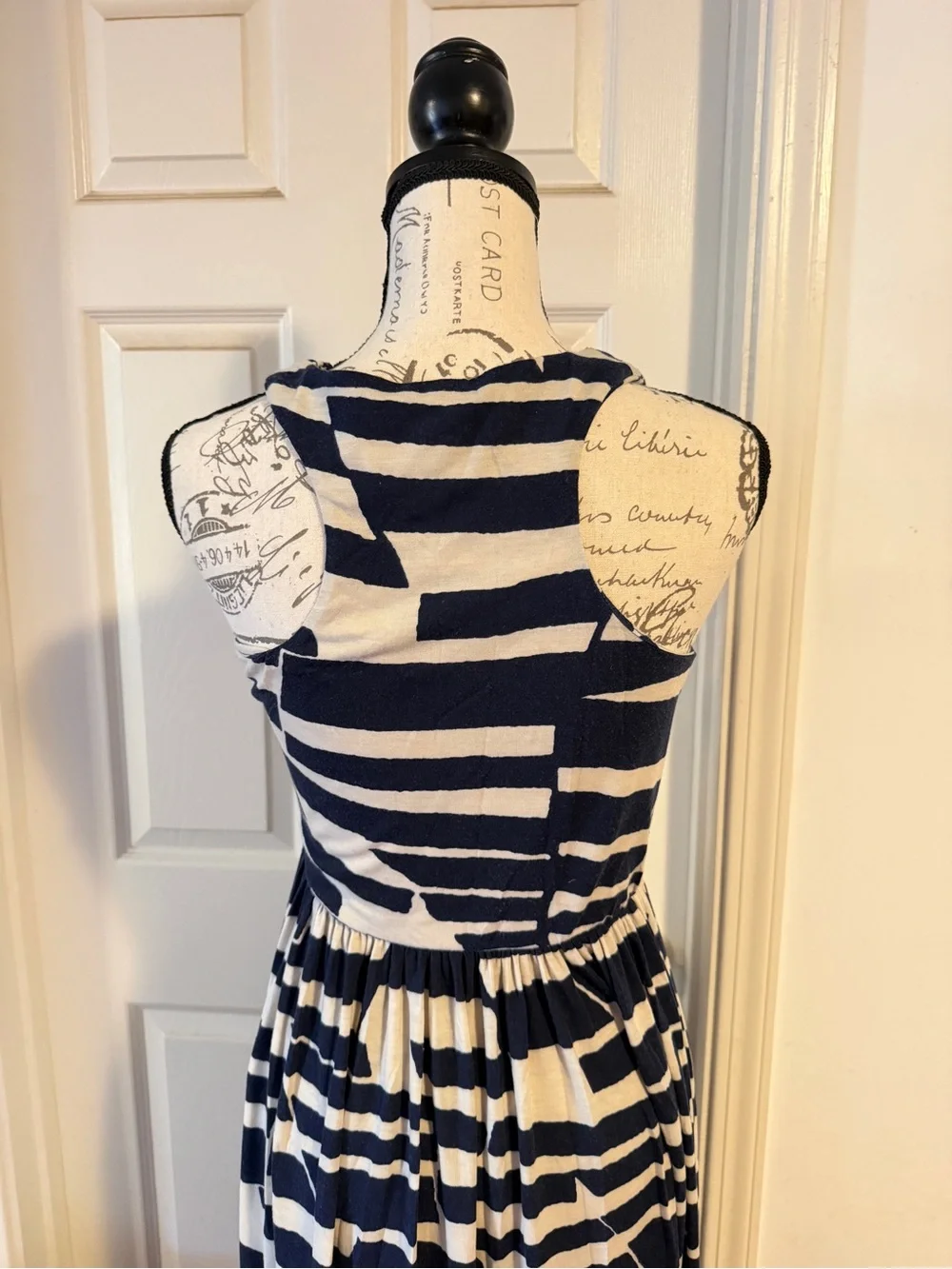 Anthropologie Navy and White Geometric Stripe Maxi Dress